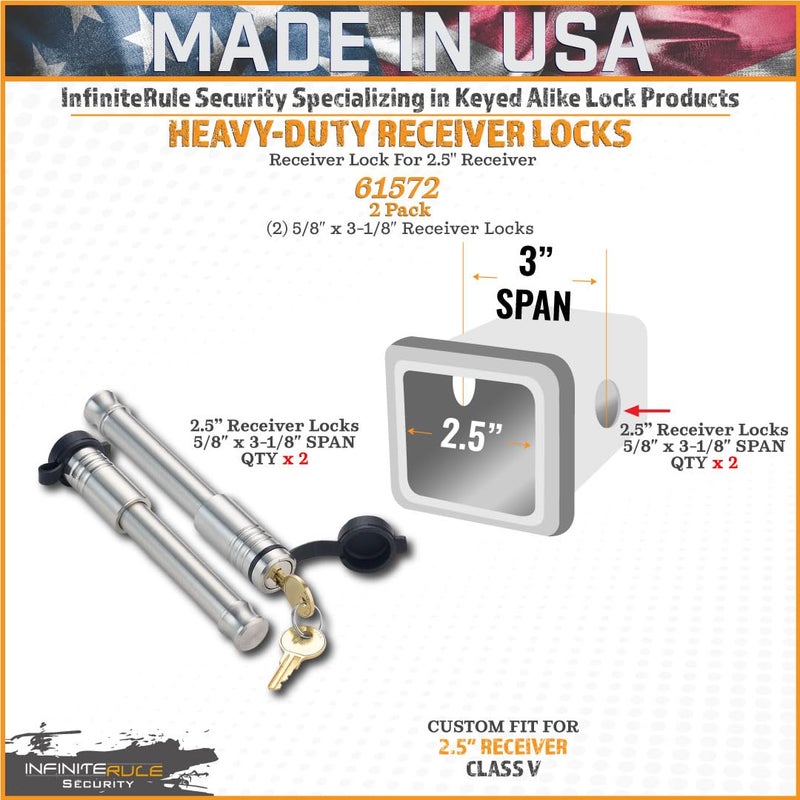 InfiniteRule Security 61572 | 2 Pack, Keyed Alike, Receiver Locks for 2" and 2.5" Receiver Class III, IV, V and Gen-Y Hitch Mega Duty 10K LB & 16K LB - Image 2